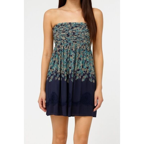 LC Lauren Conrad Navy Blue Floral Chiffon Strapless Dress Size 8 - Picture 1 of 11